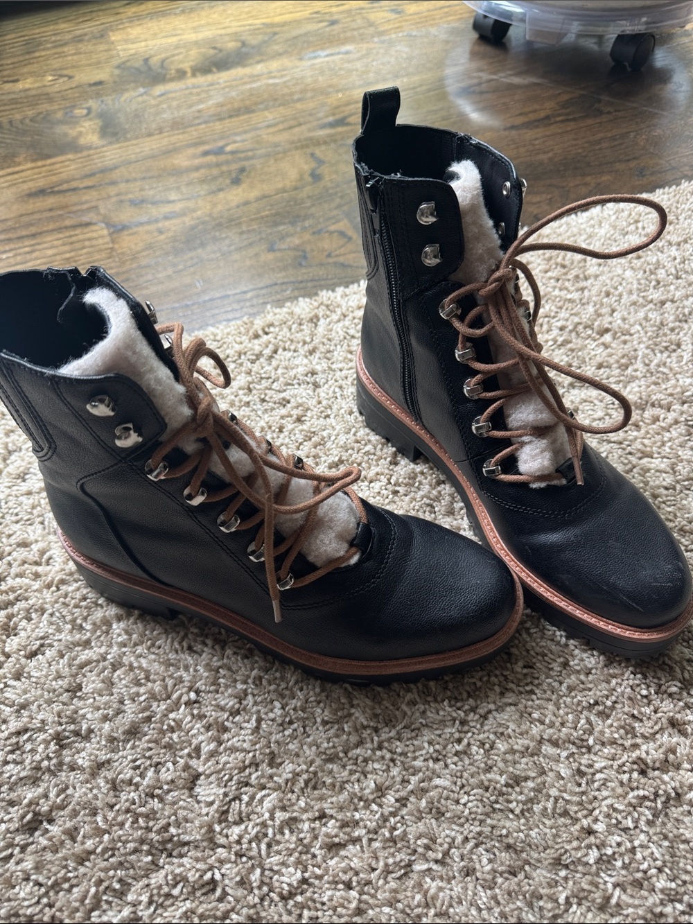 Nine West Black Leather Lace-Up Shearling Trim Boots with Brown Laces